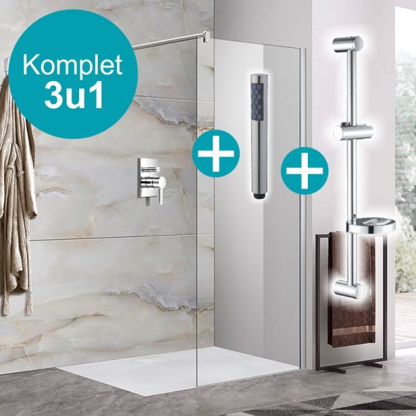 Tuš stijena WALK IN Crystal 100 i nosač tuš ručice zidni pomični i ručica za tuš
